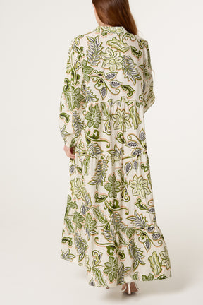 Flower Print Embellished Tiered Button Dress