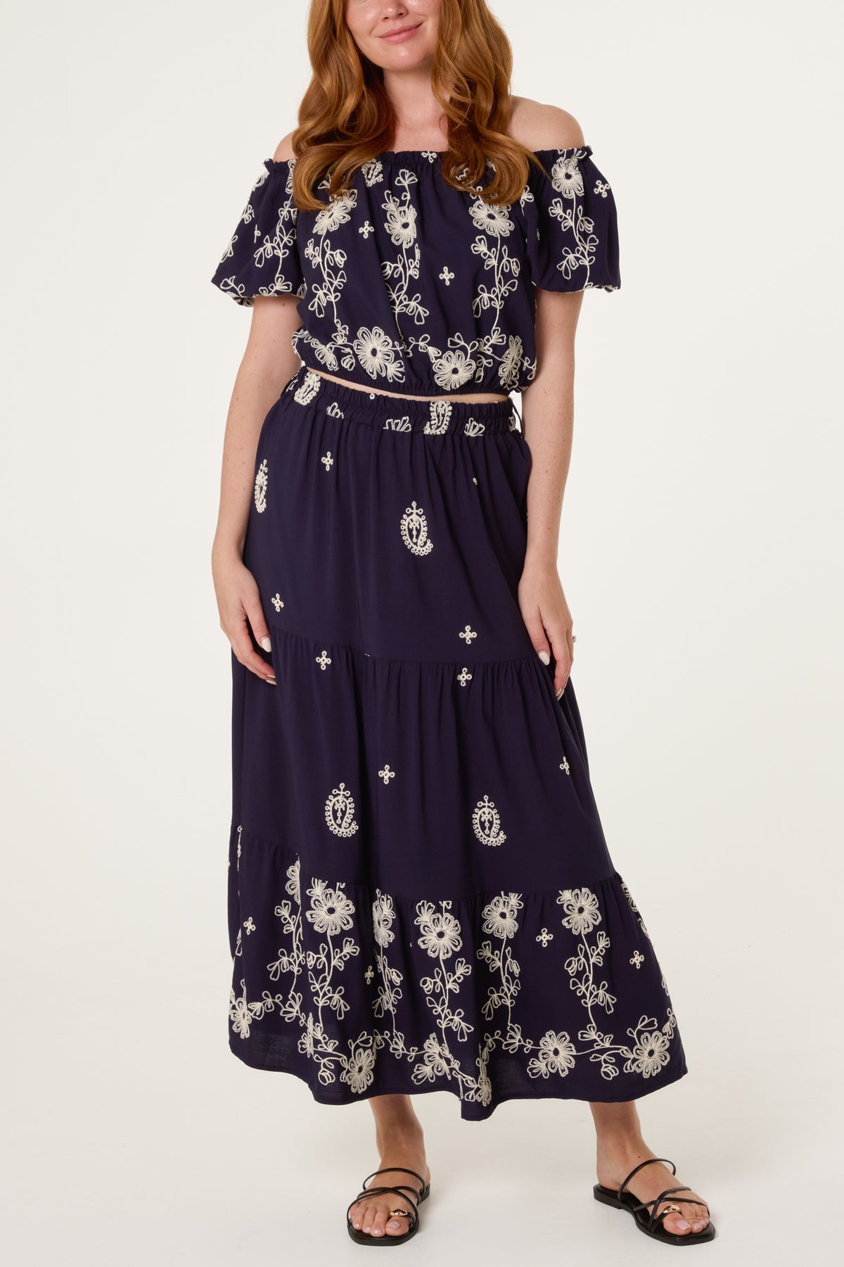 Embroidery Bardot Puff Top & Skirt Set
