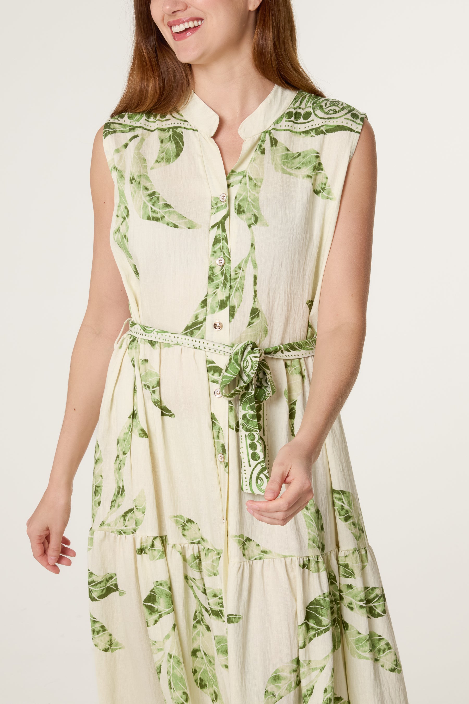 Detailed Leaf Button & Belt Dress