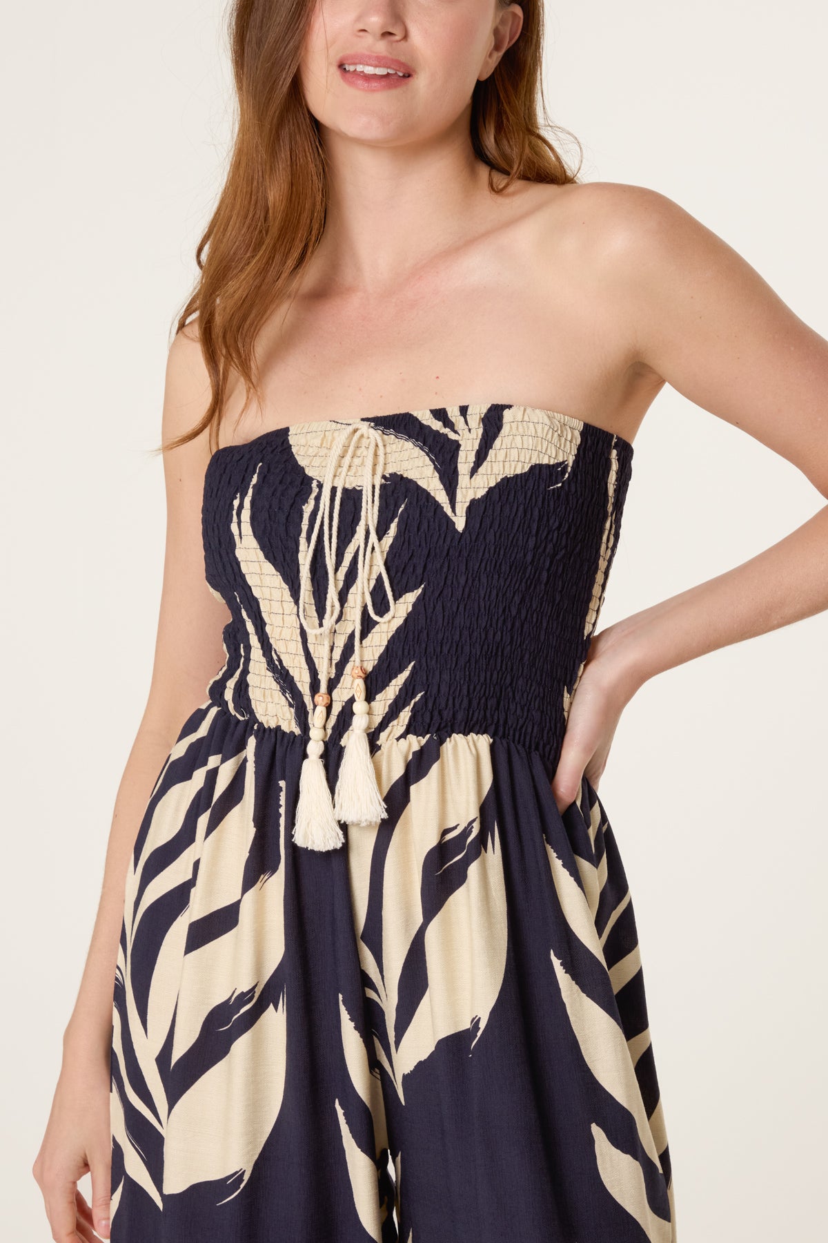 Bandeau Tassel Leaf Print Jumpsuit