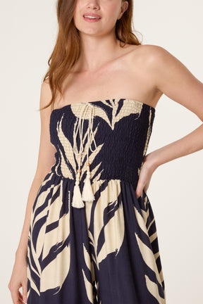 Bandeau Tassel Leaf Print Jumpsuit