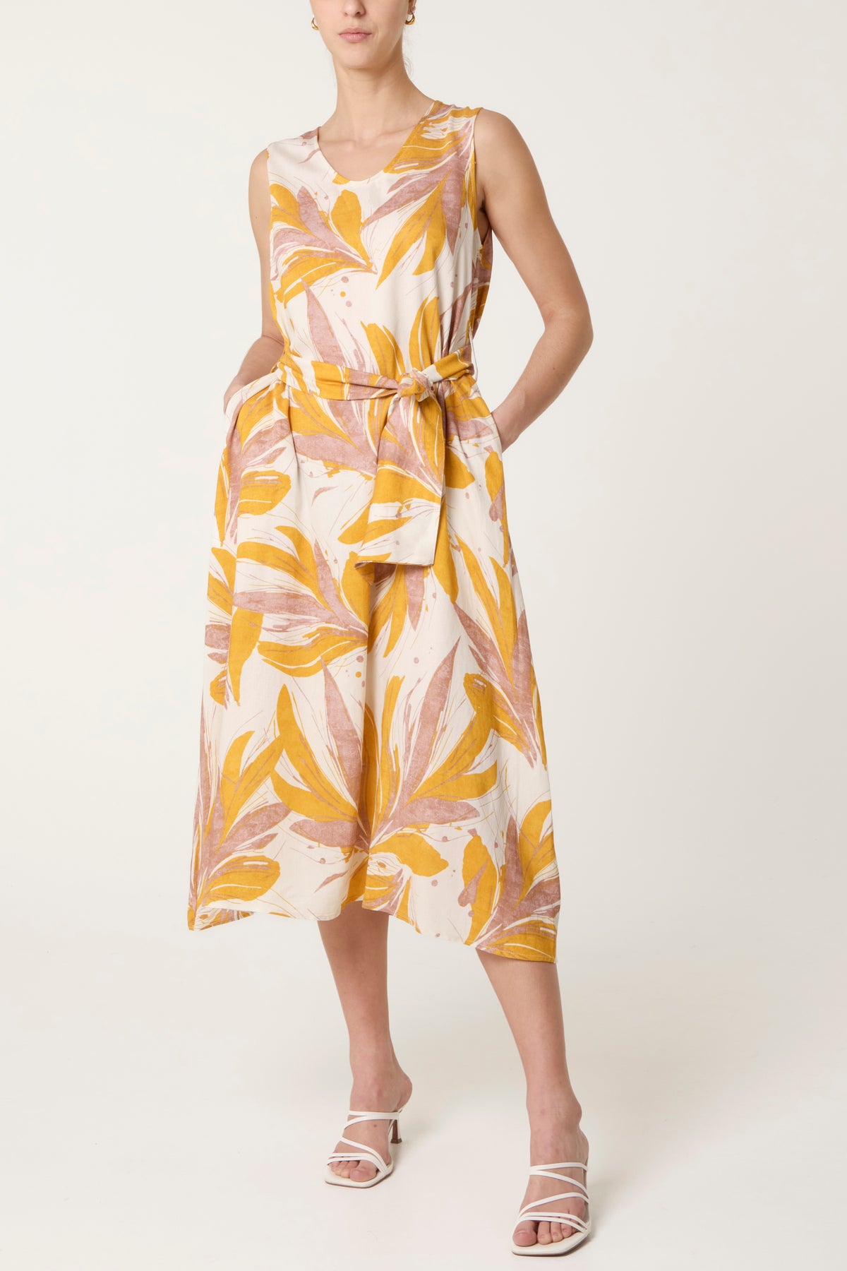 Abstract Leaf Tie Front Midi Dress