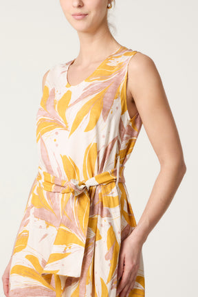Abstract Leaf Tie Front Midi Dress