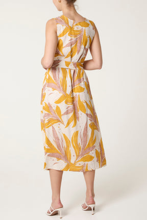 Abstract Leaf Tie Front Midi Dress