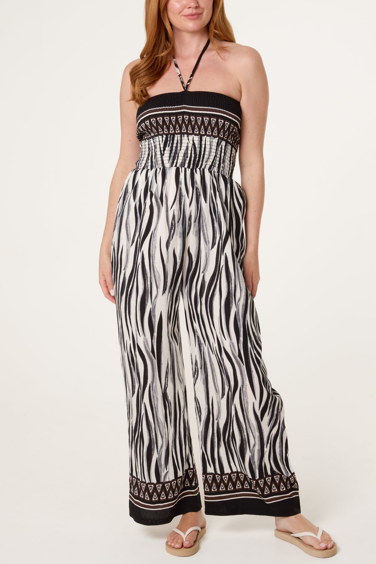 Abstract Zebra Bandeau Shirred Jumpsuit