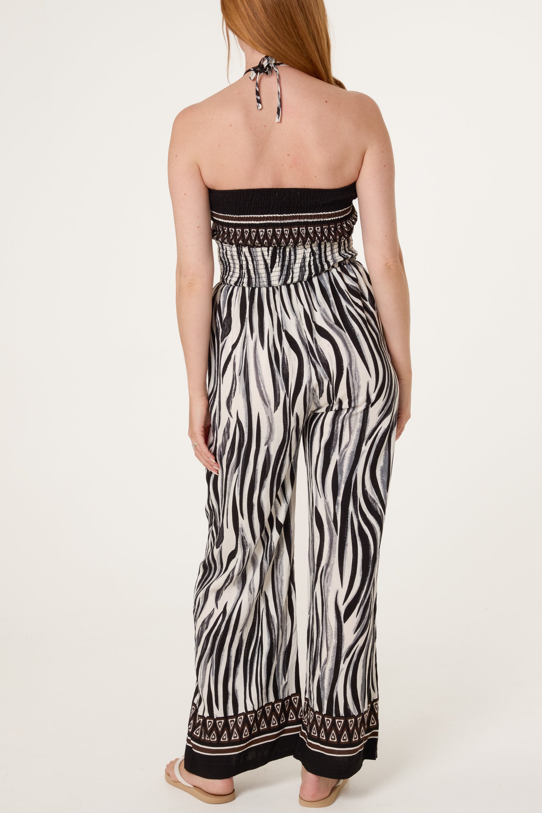 Abstract Zebra Bandeau Shirred Jumpsuit