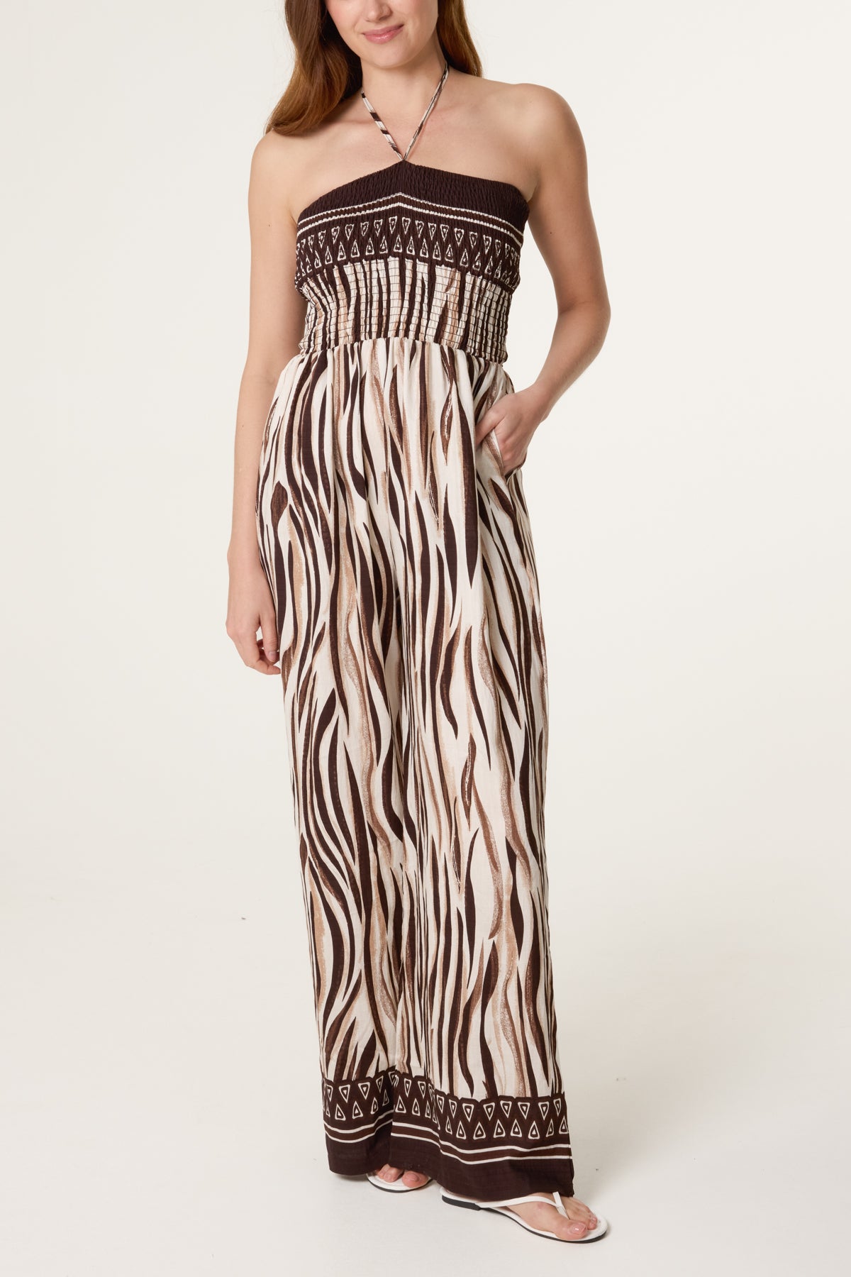 Abstract Zebra Bandeau Shirred Jumpsuit