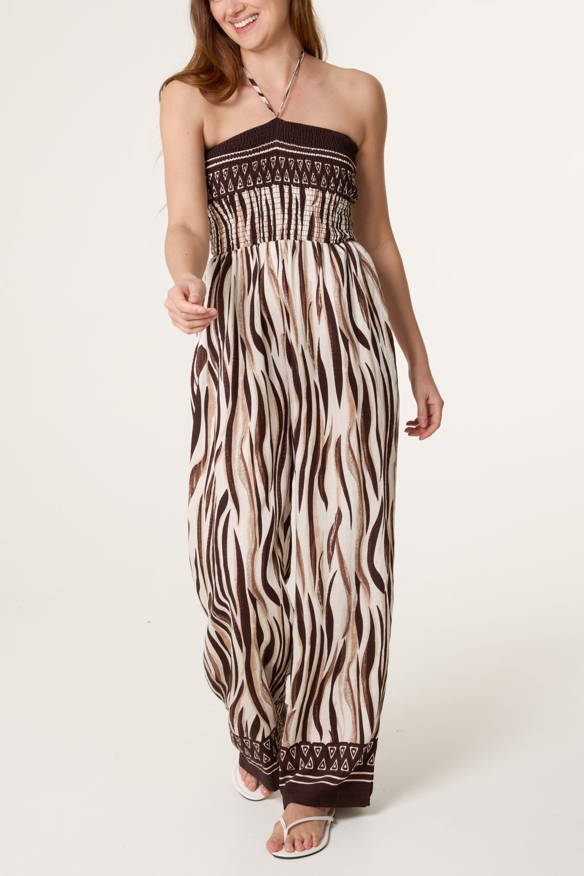 Abstract Zebra Bandeau Shirred Jumpsuit