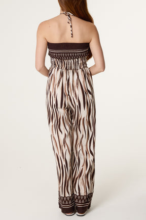 Abstract Zebra Bandeau Shirred Jumpsuit