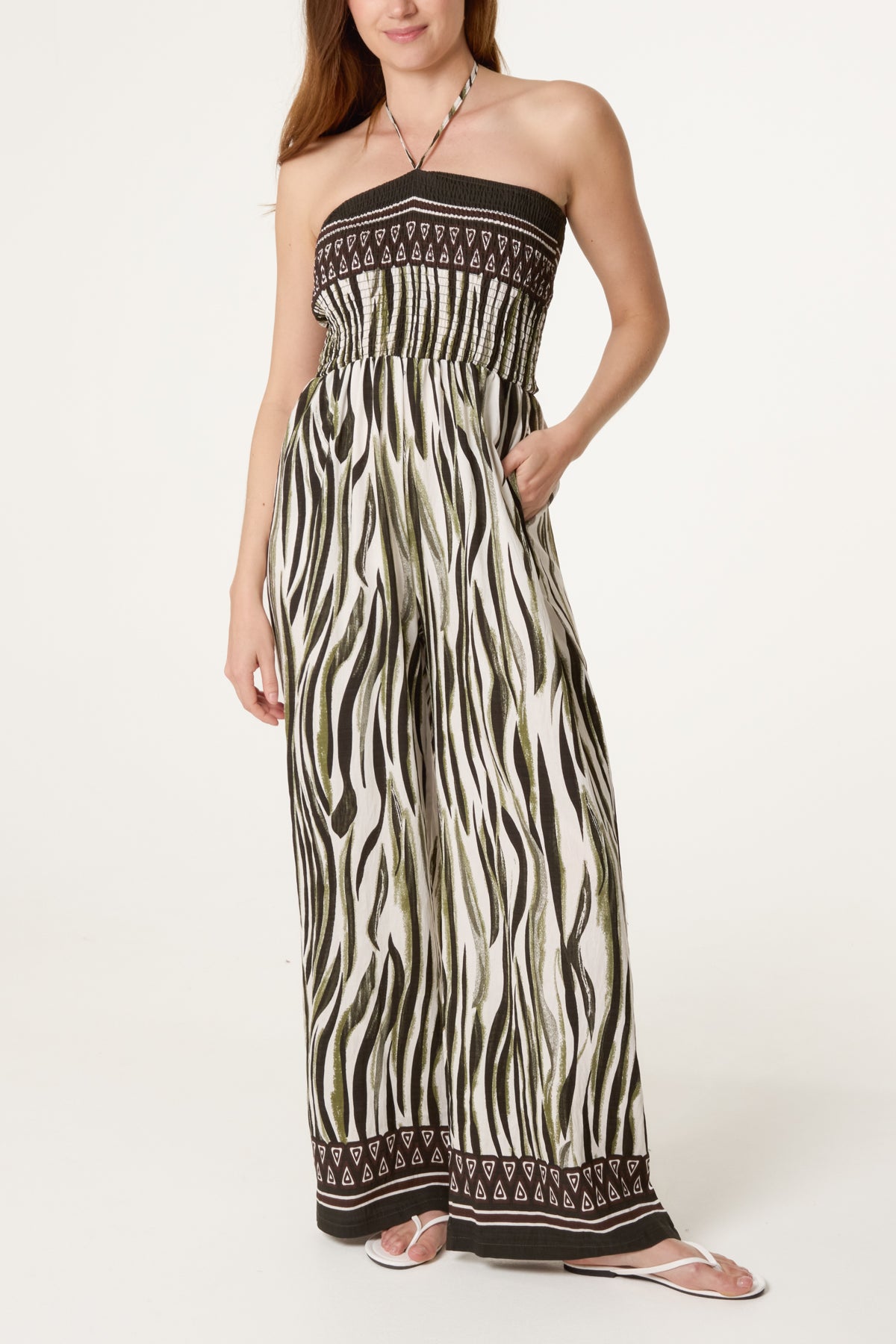 Abstract Zebra Bandeau Shirred Jumpsuit