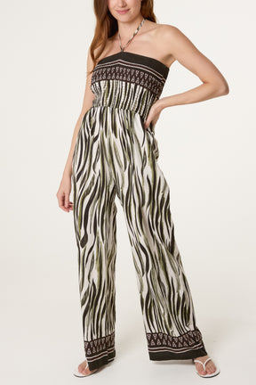 Abstract Zebra Bandeau Shirred Jumpsuit