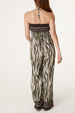Abstract Zebra Bandeau Shirred Jumpsuit