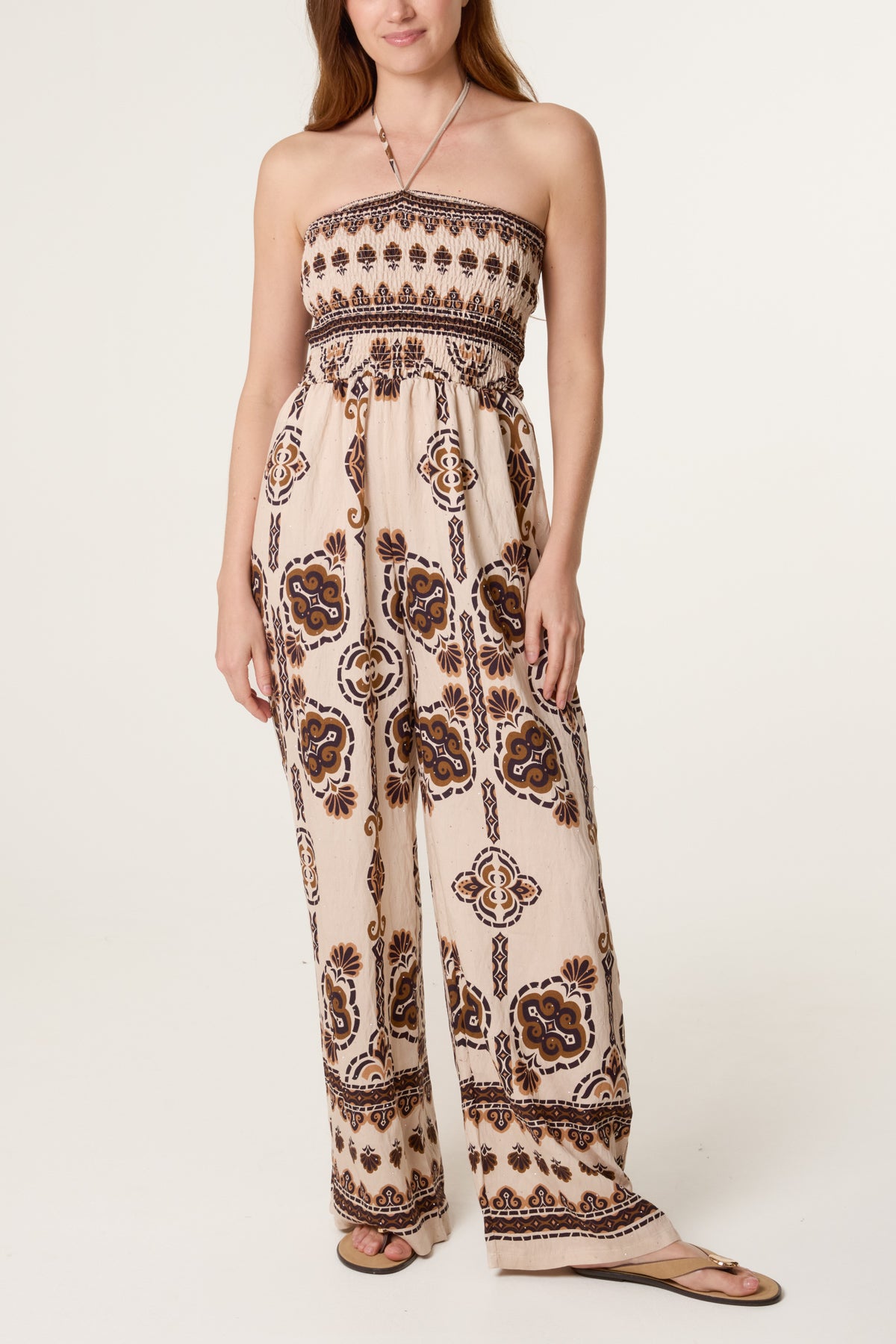 Tribal Print Shirred Bodice Halterneck Jumpsuit