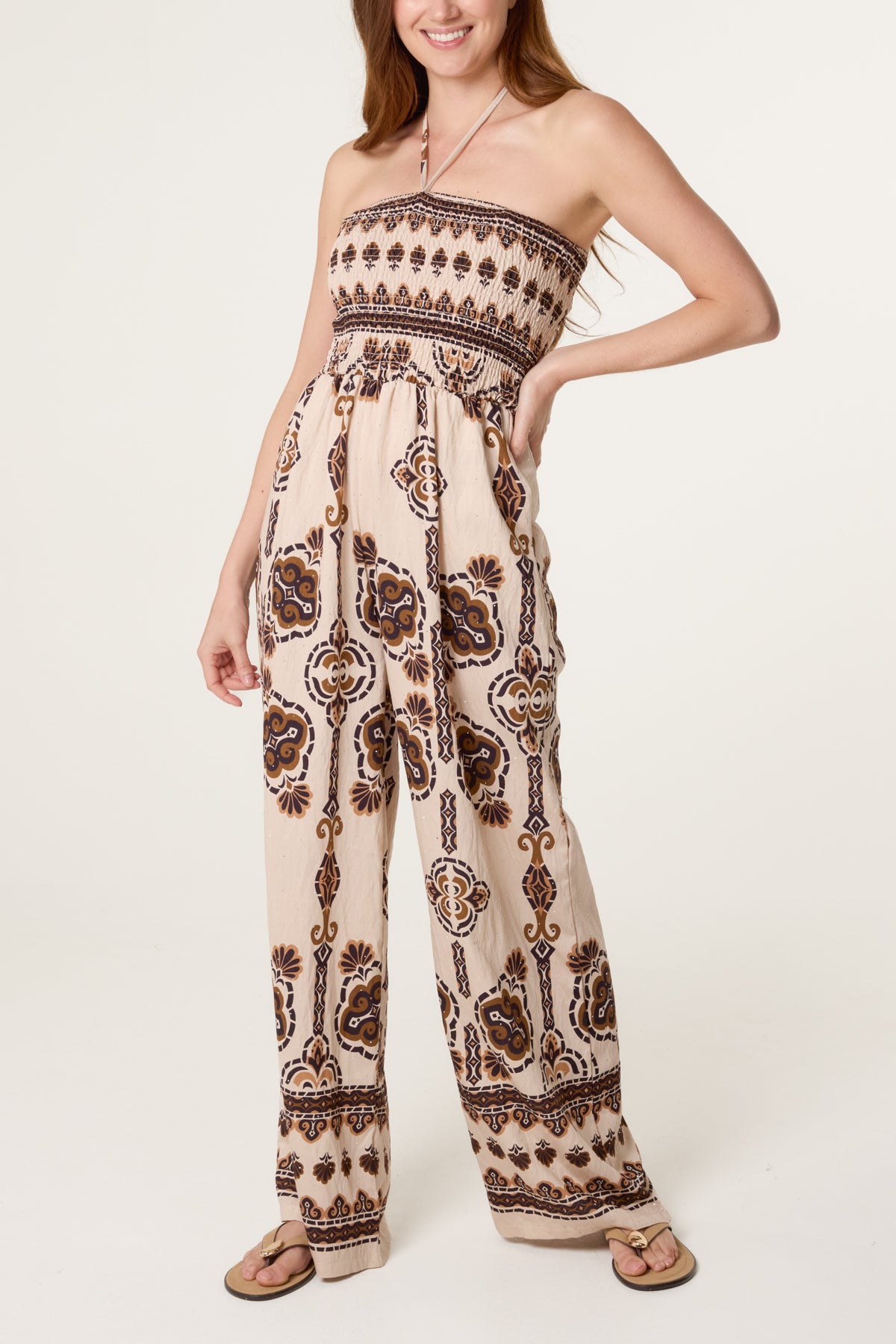 Tribal Print Shirred Bodice Halterneck Jumpsuit