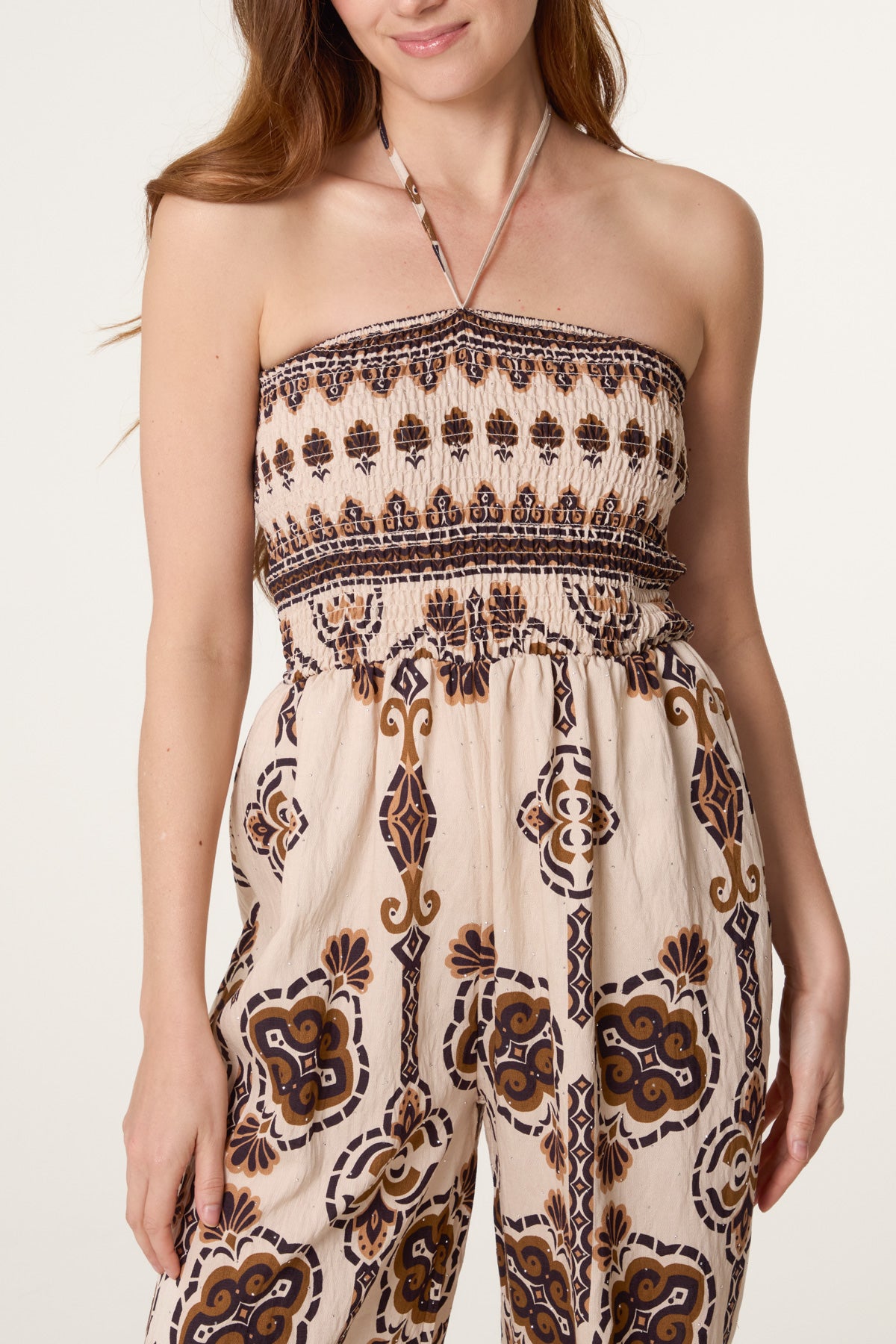 Tribal Print Shirred Bodice Halterneck Jumpsuit
