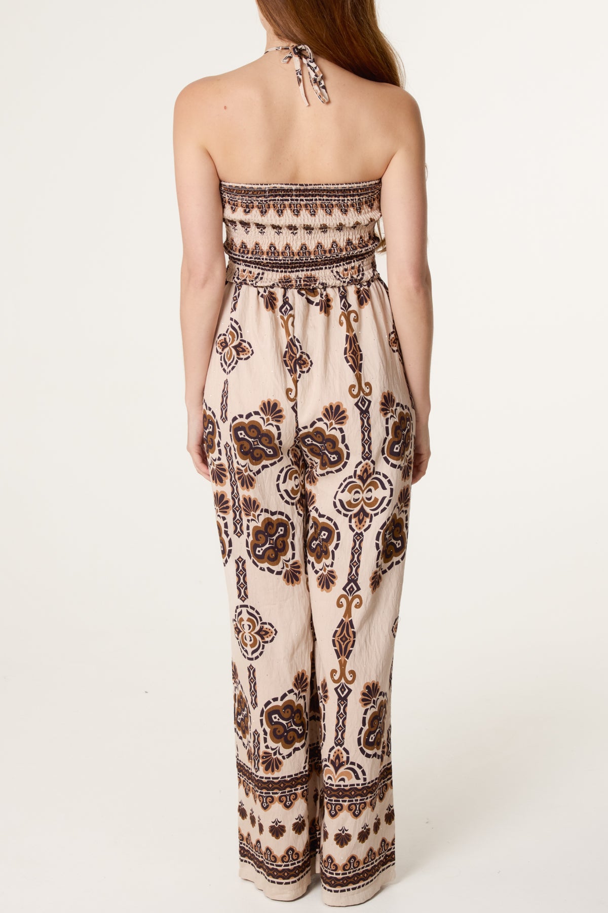 Tribal Print Shirred Bodice Halterneck Jumpsuit