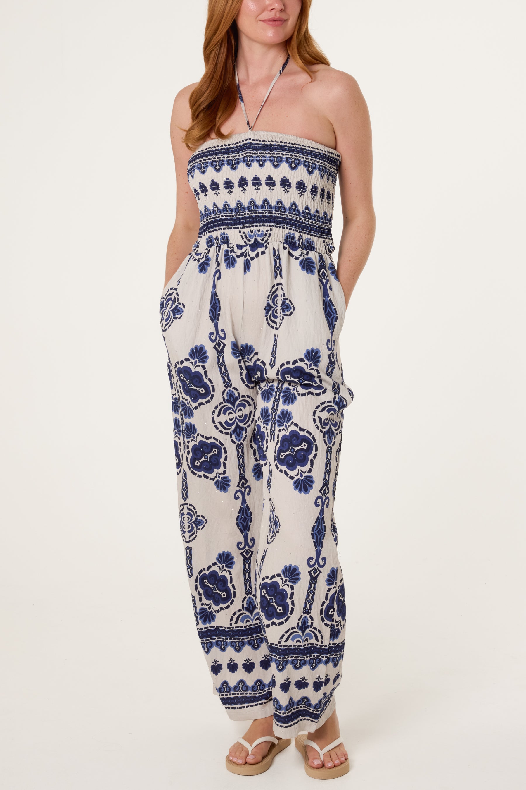 Tribal Print Shirred Bodice Halterneck Jumpsuit