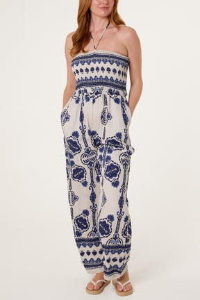 Tribal Print Shirred Bodice Halterneck Jumpsuit