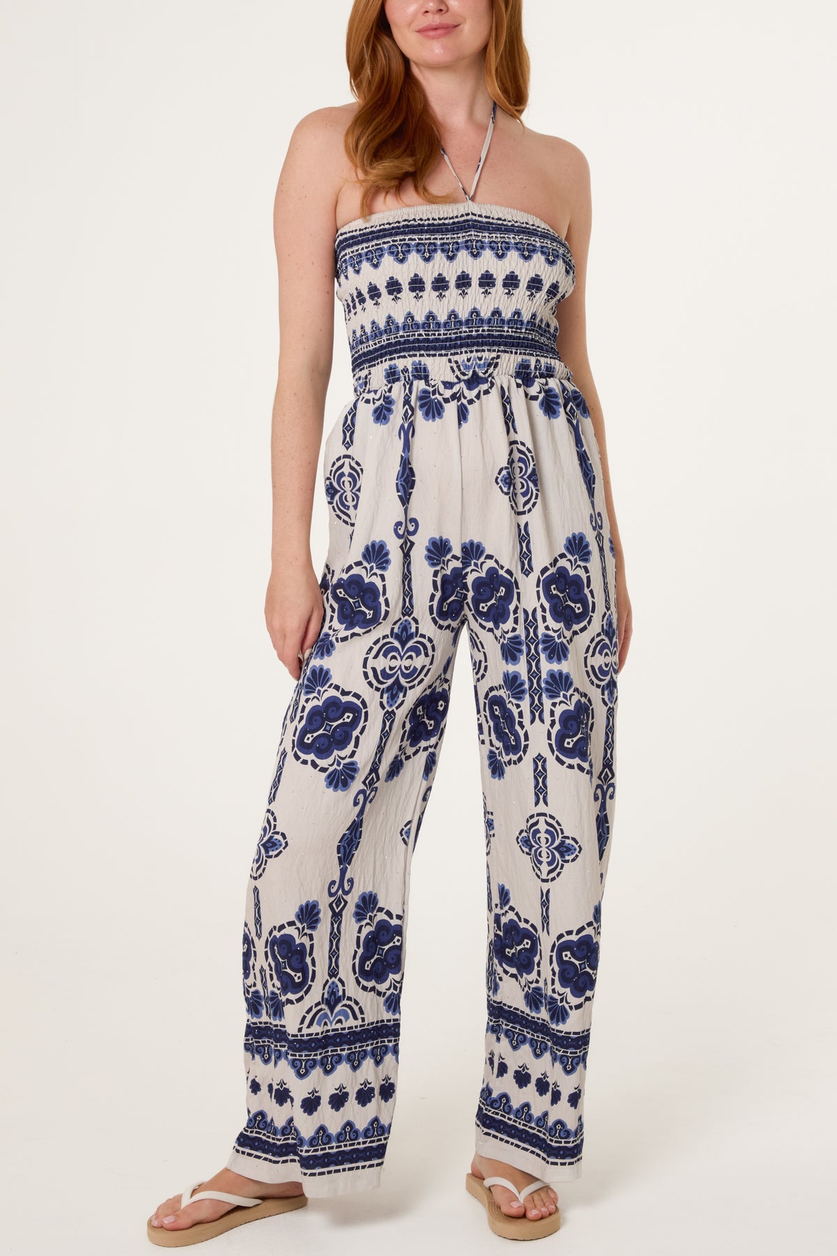 Tribal Print Shirred Bodice Halterneck Jumpsuit