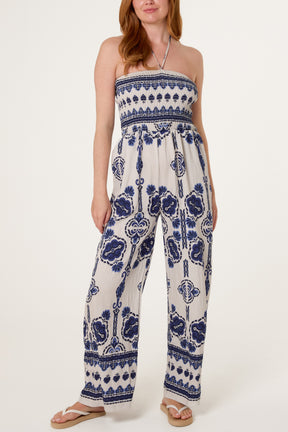 Tribal Print Shirred Bodice Halterneck Jumpsuit