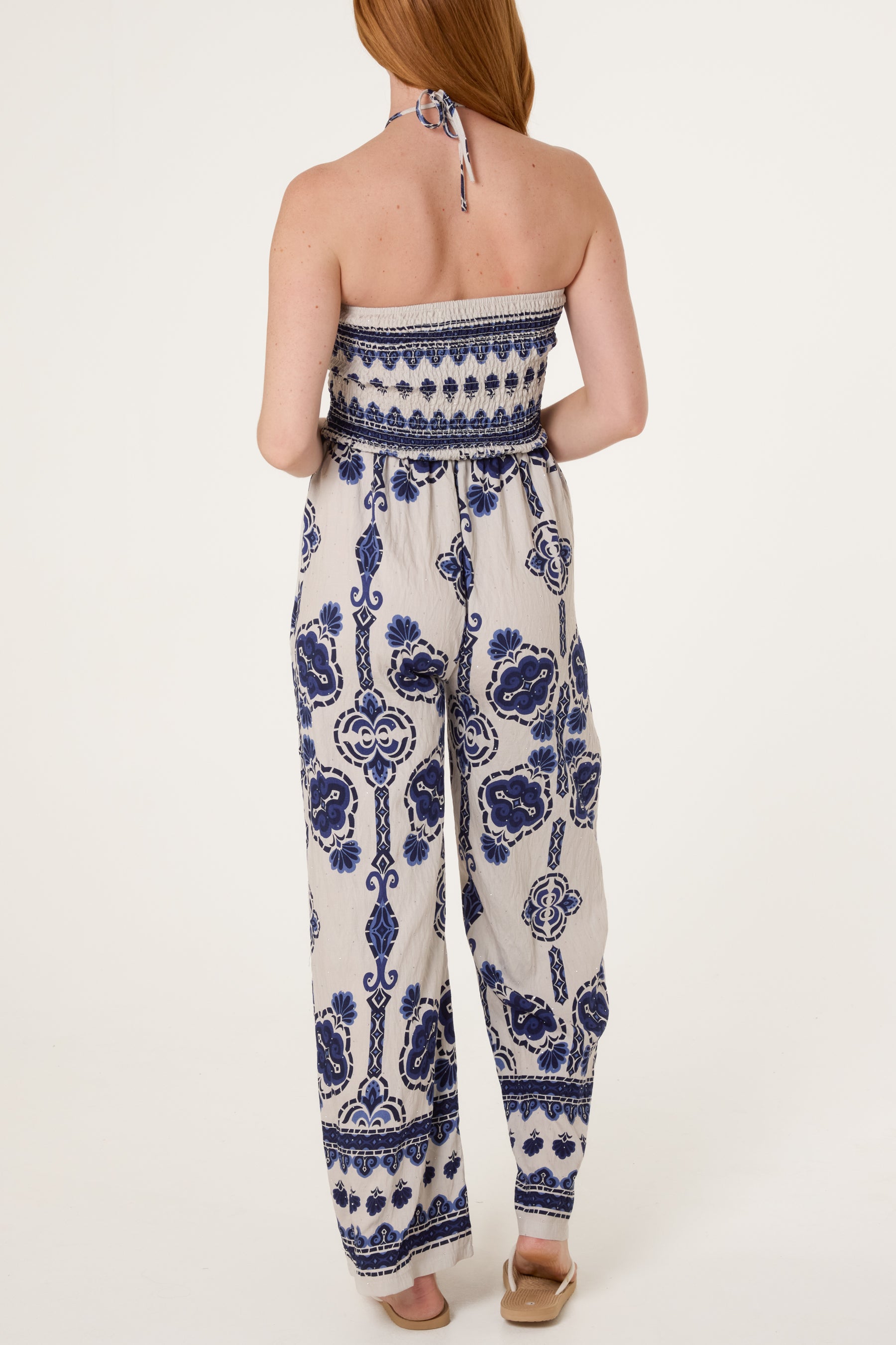 Tribal Print Shirred Bodice Halterneck Jumpsuit