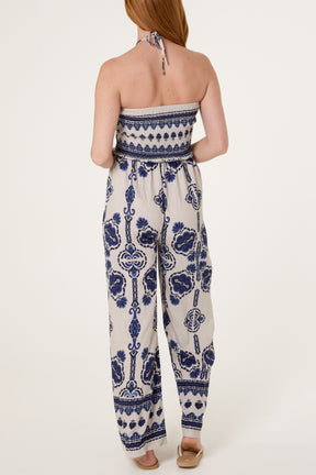 Tribal Print Shirred Bodice Halterneck Jumpsuit