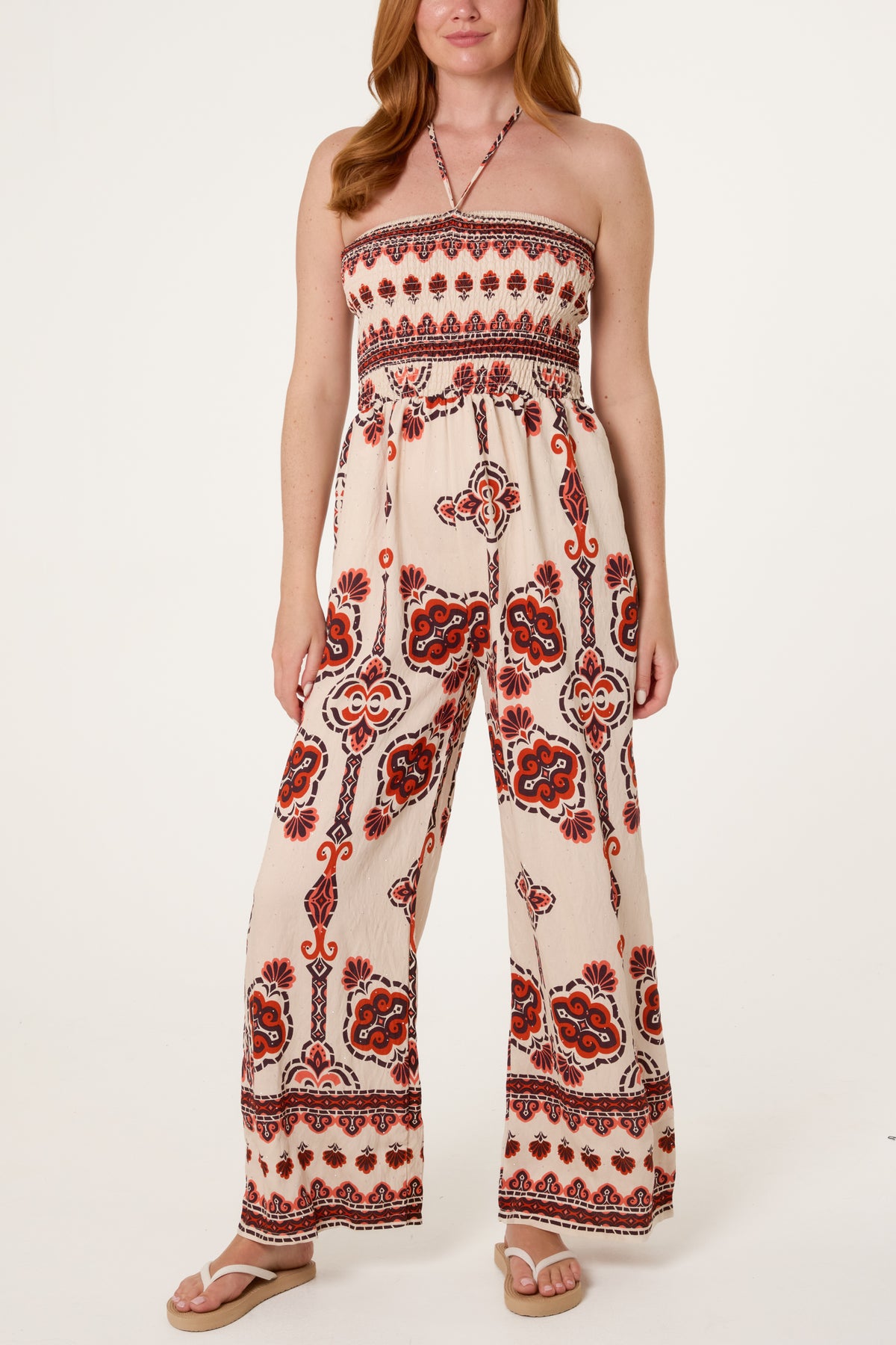 Tribal Print Shirred Bodice Halterneck Jumpsuit