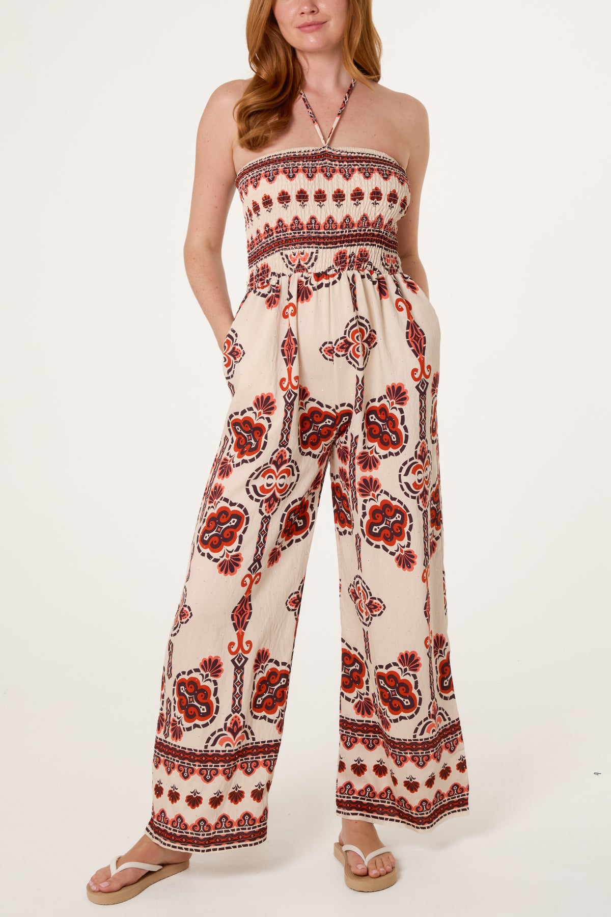 Tribal Print Shirred Bodice Halterneck Jumpsuit