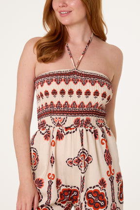 Tribal Print Shirred Bodice Halterneck Jumpsuit