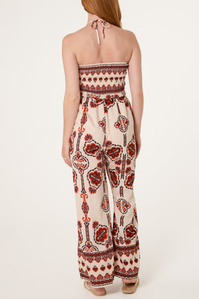 Tribal Print Shirred Bodice Halterneck Jumpsuit