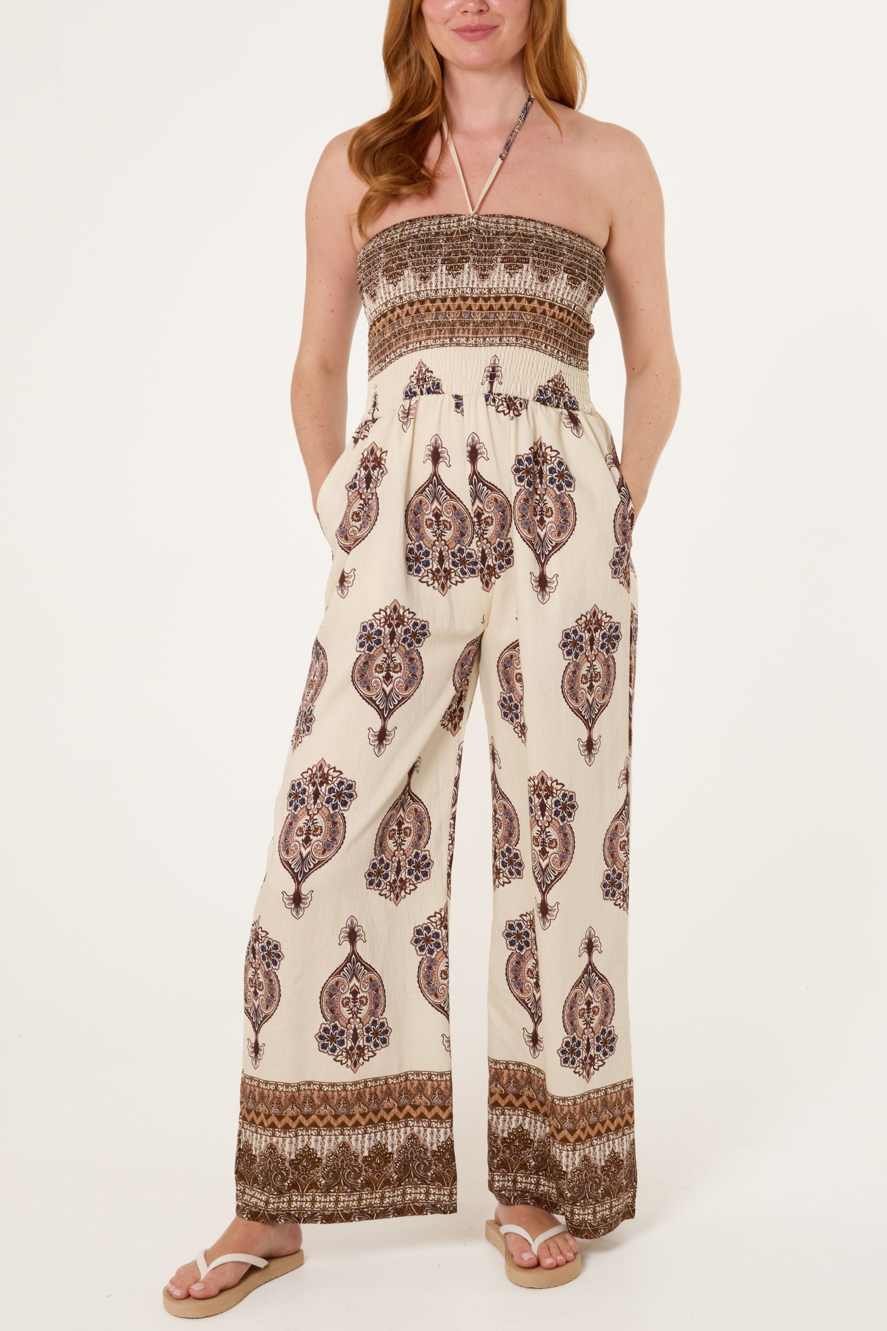 Ikat Print Shirred Bodice Halterneck Jumpsuit