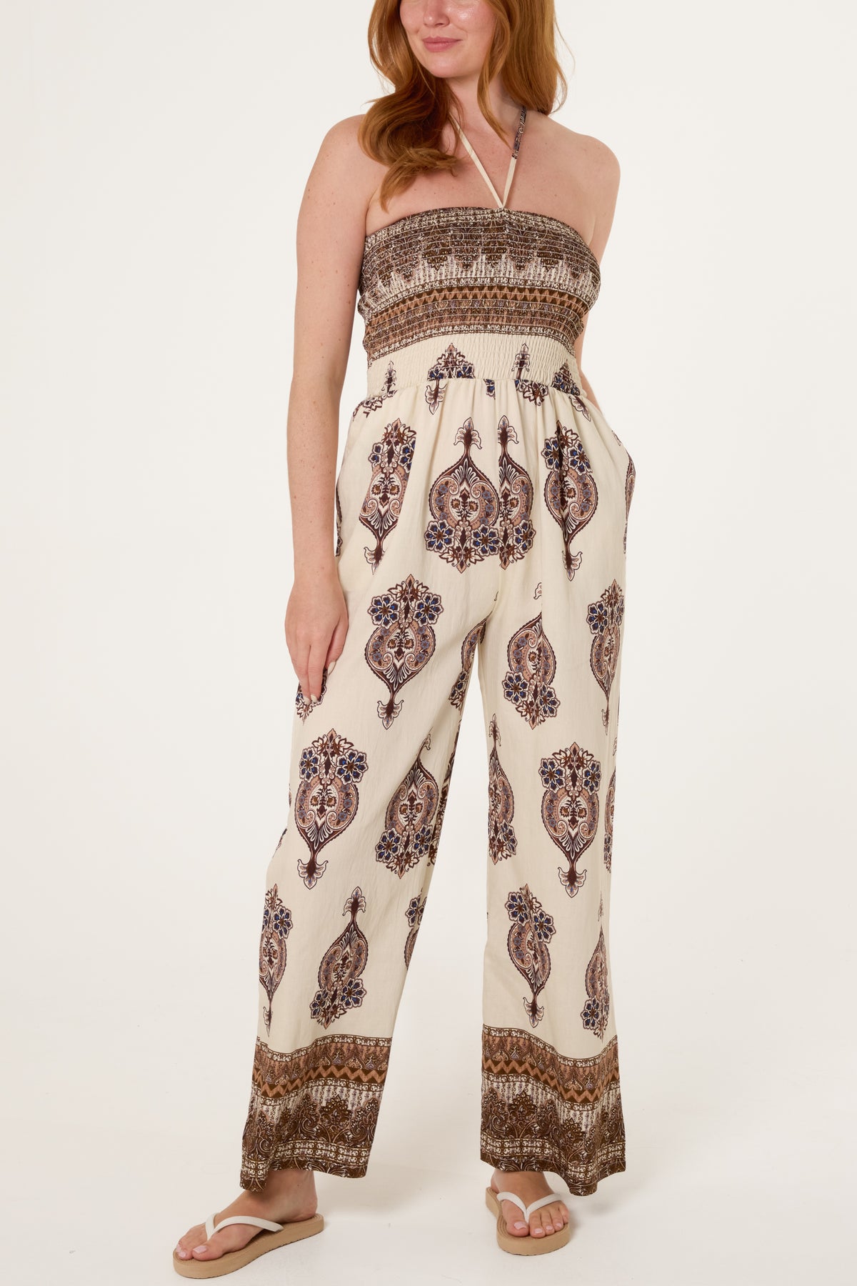 Ikat Print Shirred Bodice Halterneck Jumpsuit