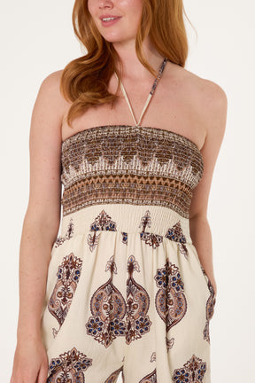 Ikat Print Shirred Bodice Halterneck Jumpsuit