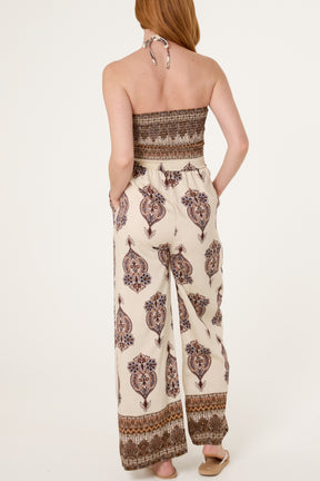 Ikat Print Shirred Bodice Halterneck Jumpsuit