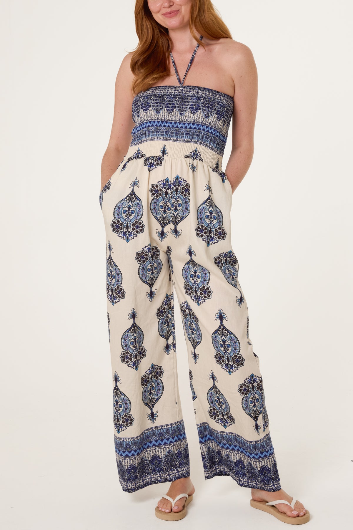 Ikat Print Shirred Bodice Halterneck Jumpsuit
