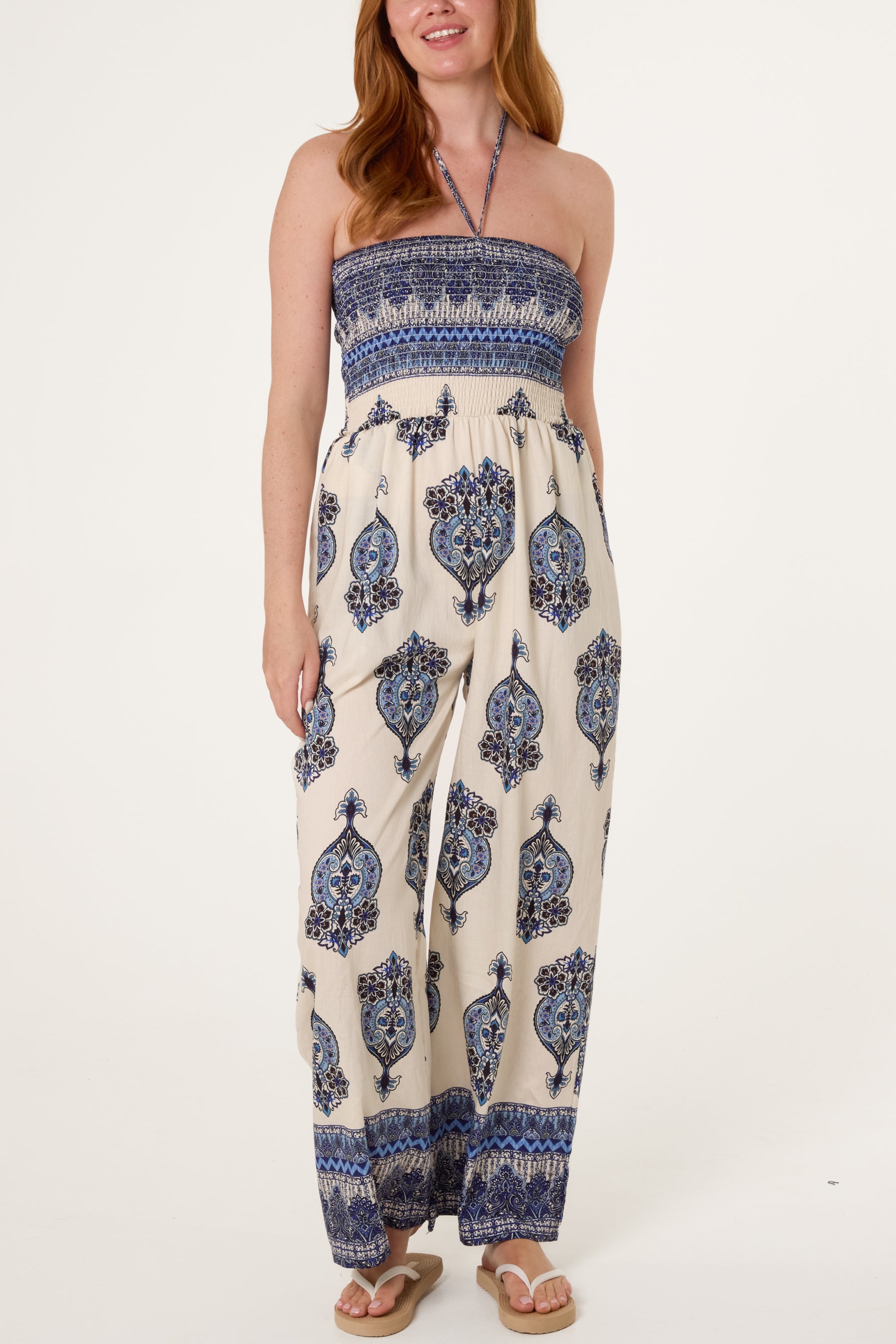 Ikat Print Shirred Bodice Halterneck Jumpsuit