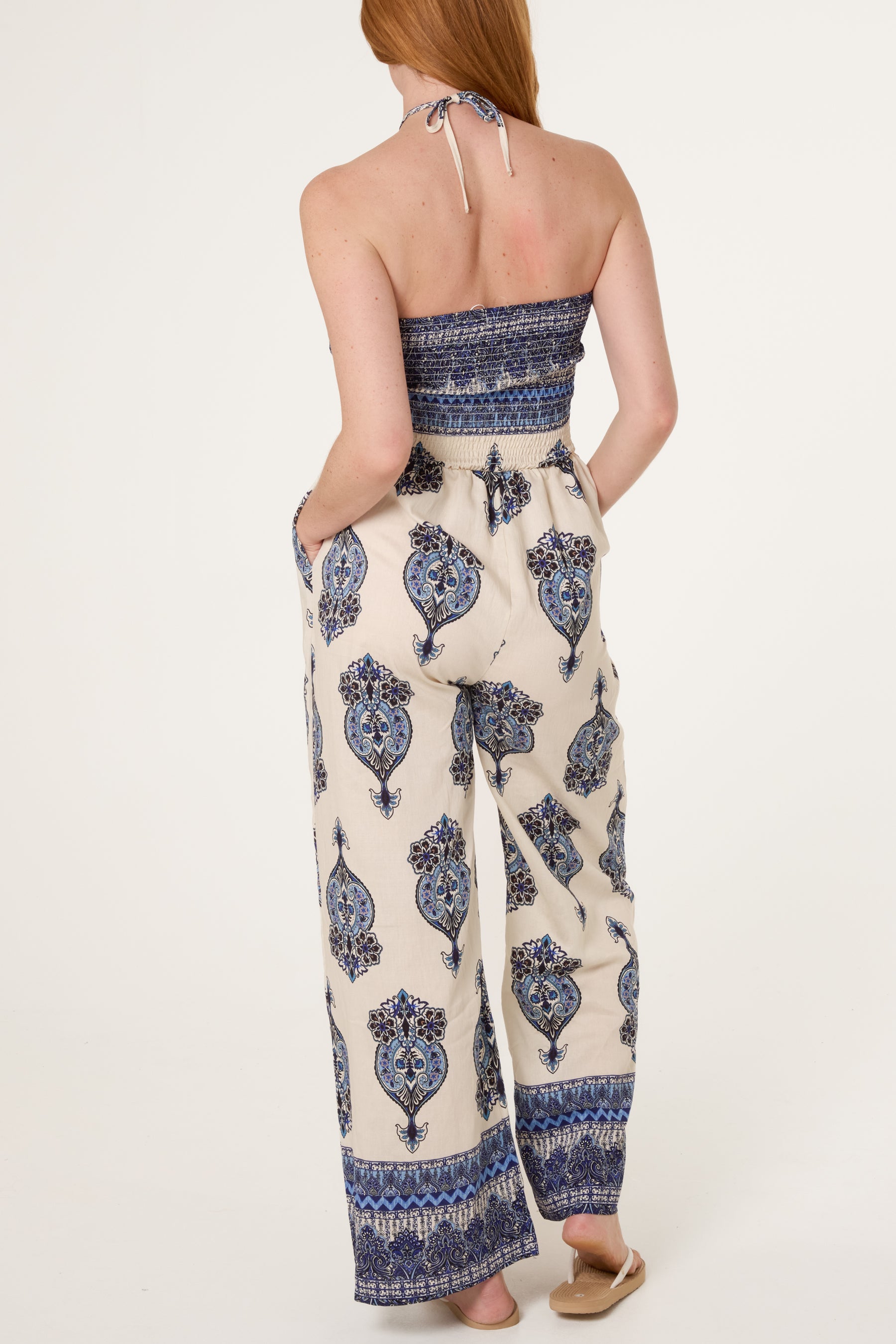 Ikat Print Shirred Bodice Halterneck Jumpsuit