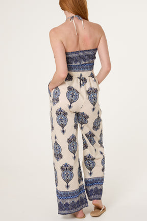 Ikat Print Shirred Bodice Halterneck Jumpsuit