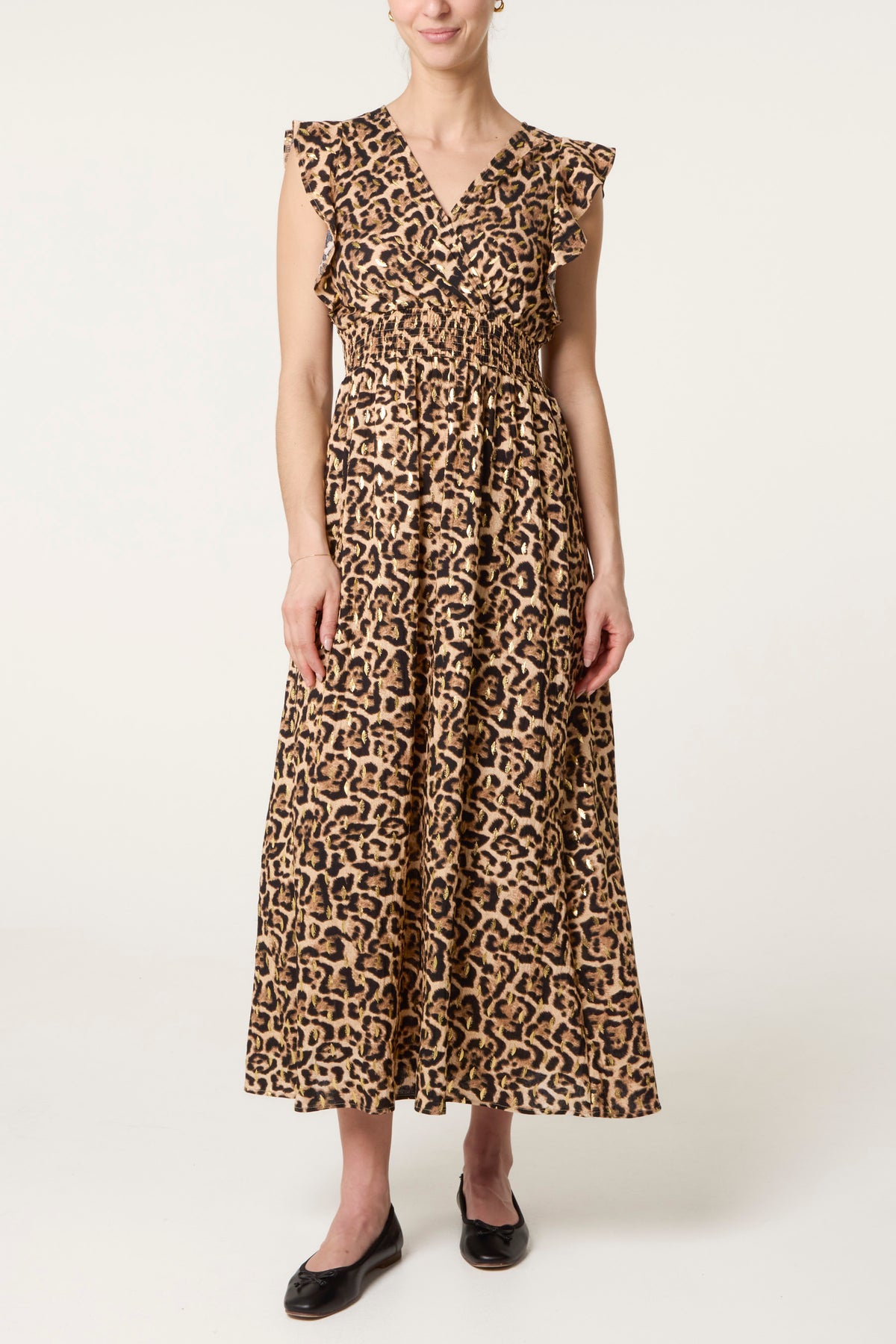 Leopard Print Shirred Flutter Sleeve Midi Dress