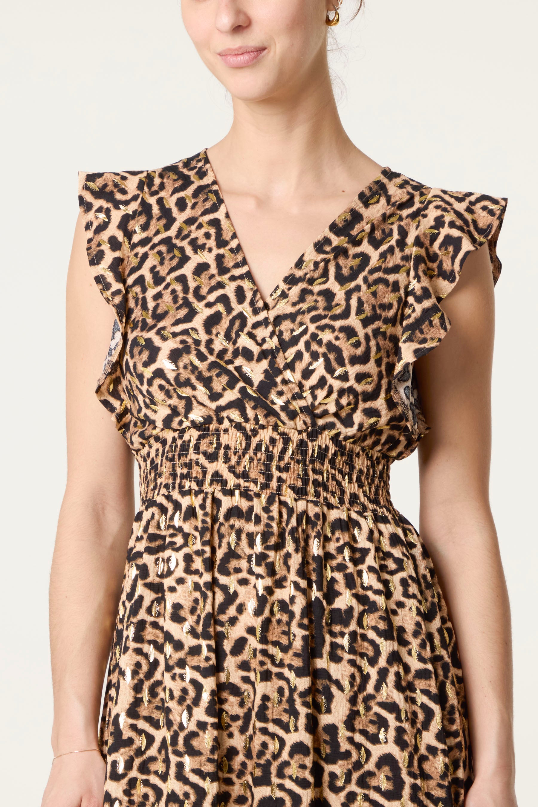 Leopard Print Shirred Flutter Sleeve Midi Dress