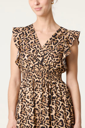 Leopard Print Shirred Flutter Sleeve Midi Dress