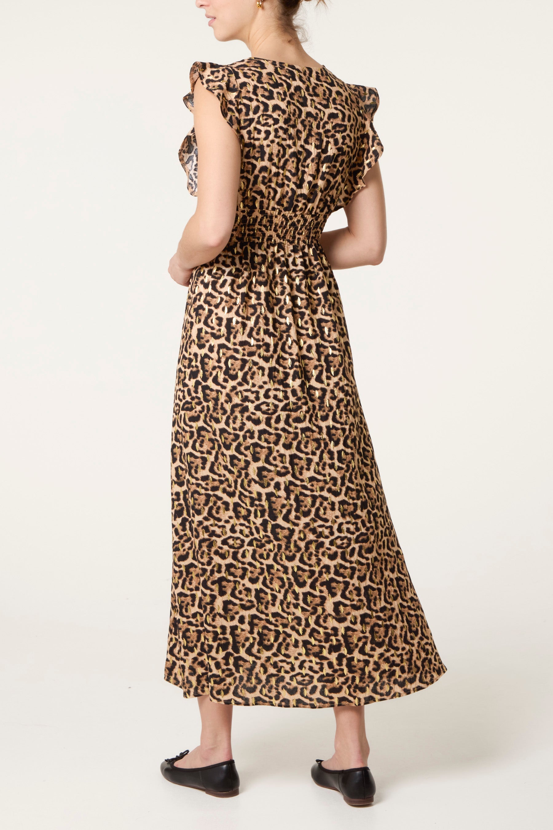 Leopard Print Shirred Flutter Sleeve Midi Dress