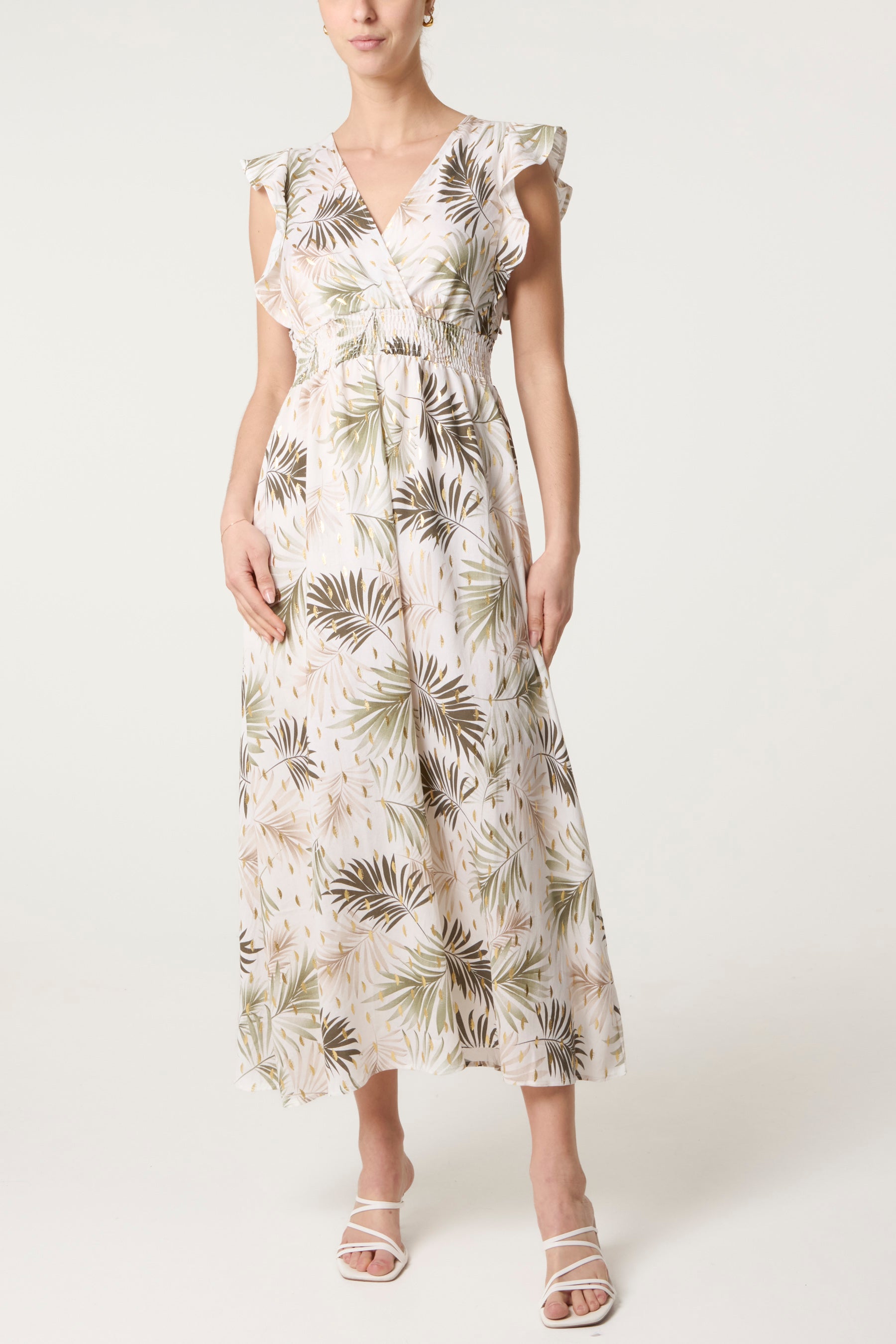 Metallic Detail Shirred Leaf Dress