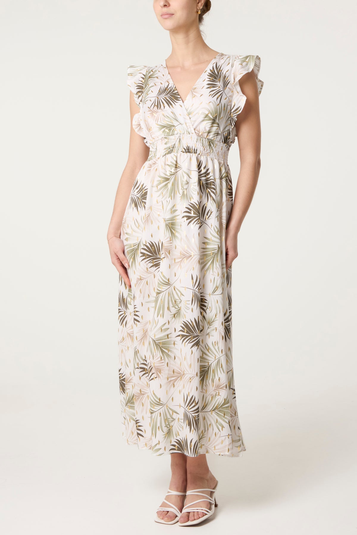 Metallic Detail Shirred Leaf Dress