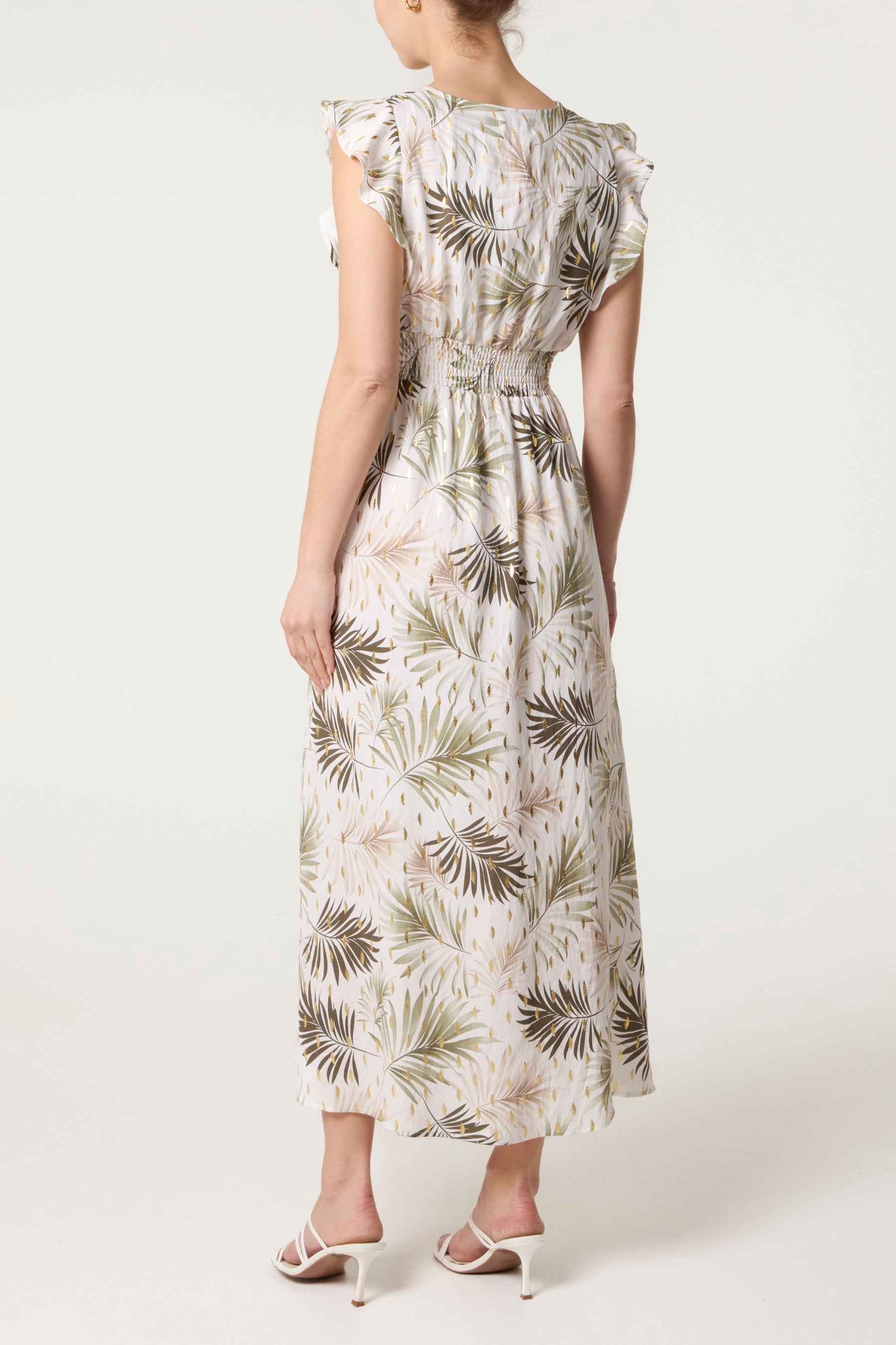 Metallic Detail Shirred Leaf Dress
