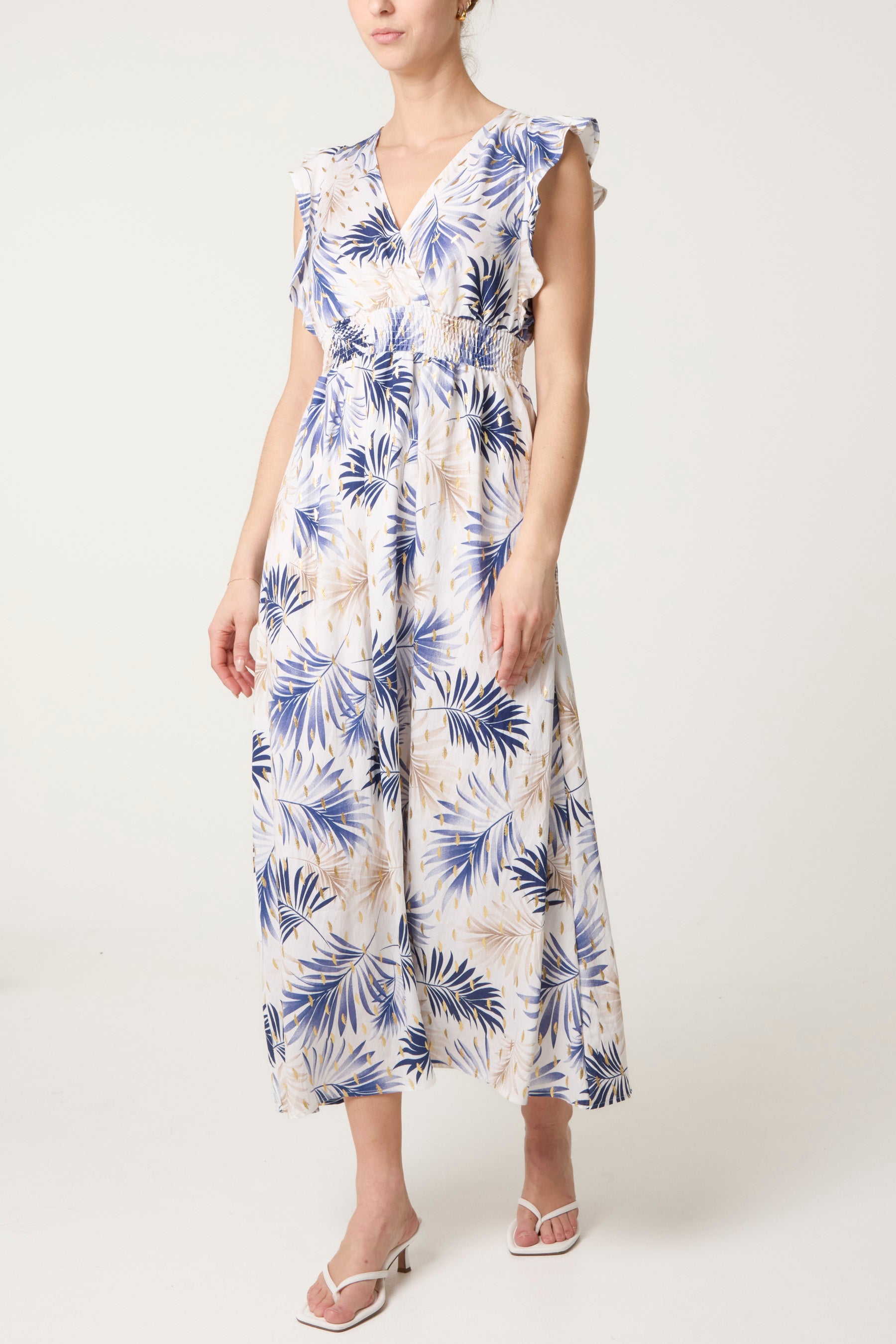 Metallic Detail Shirred Leaf Dress