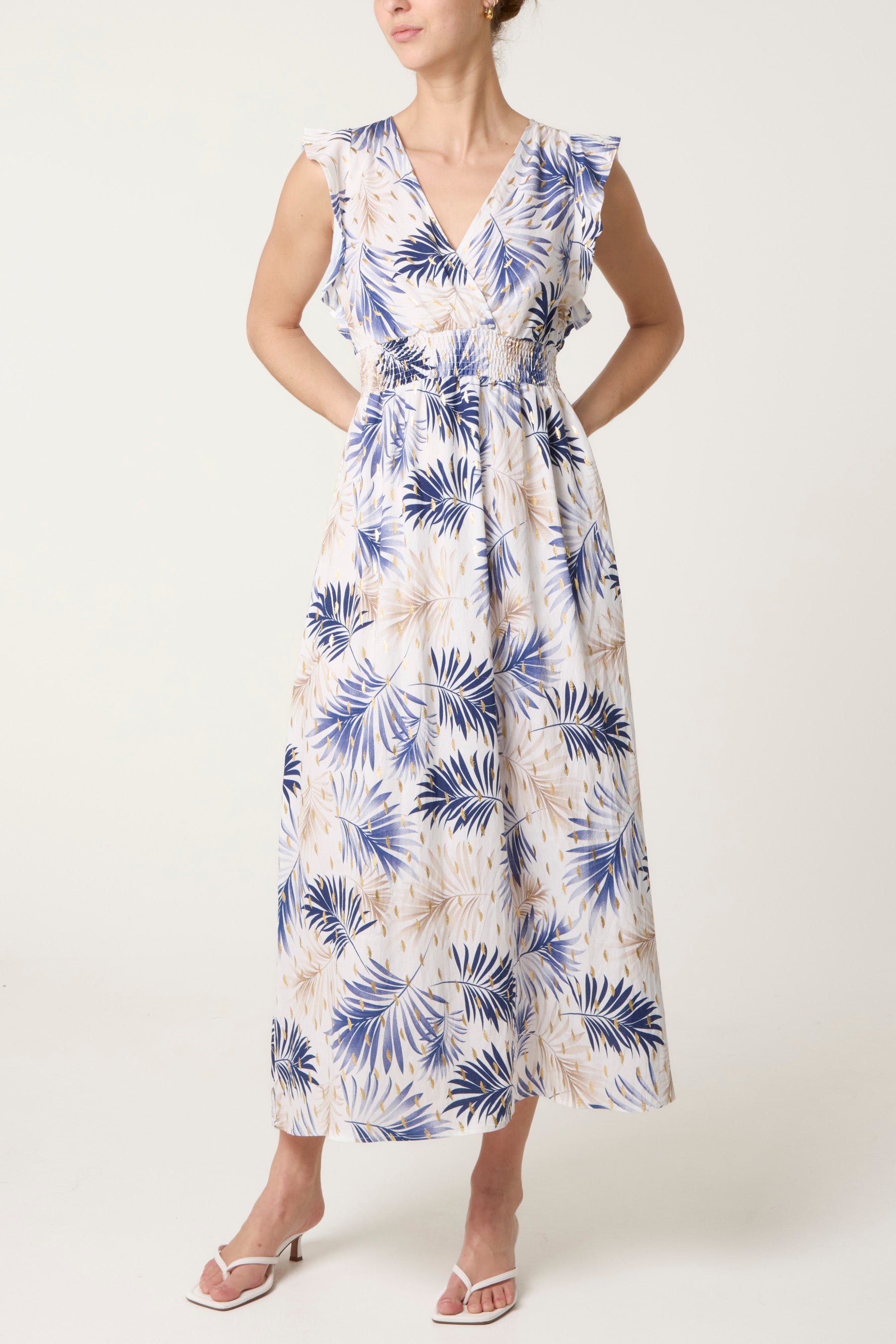 Metallic Detail Shirred Leaf Dress