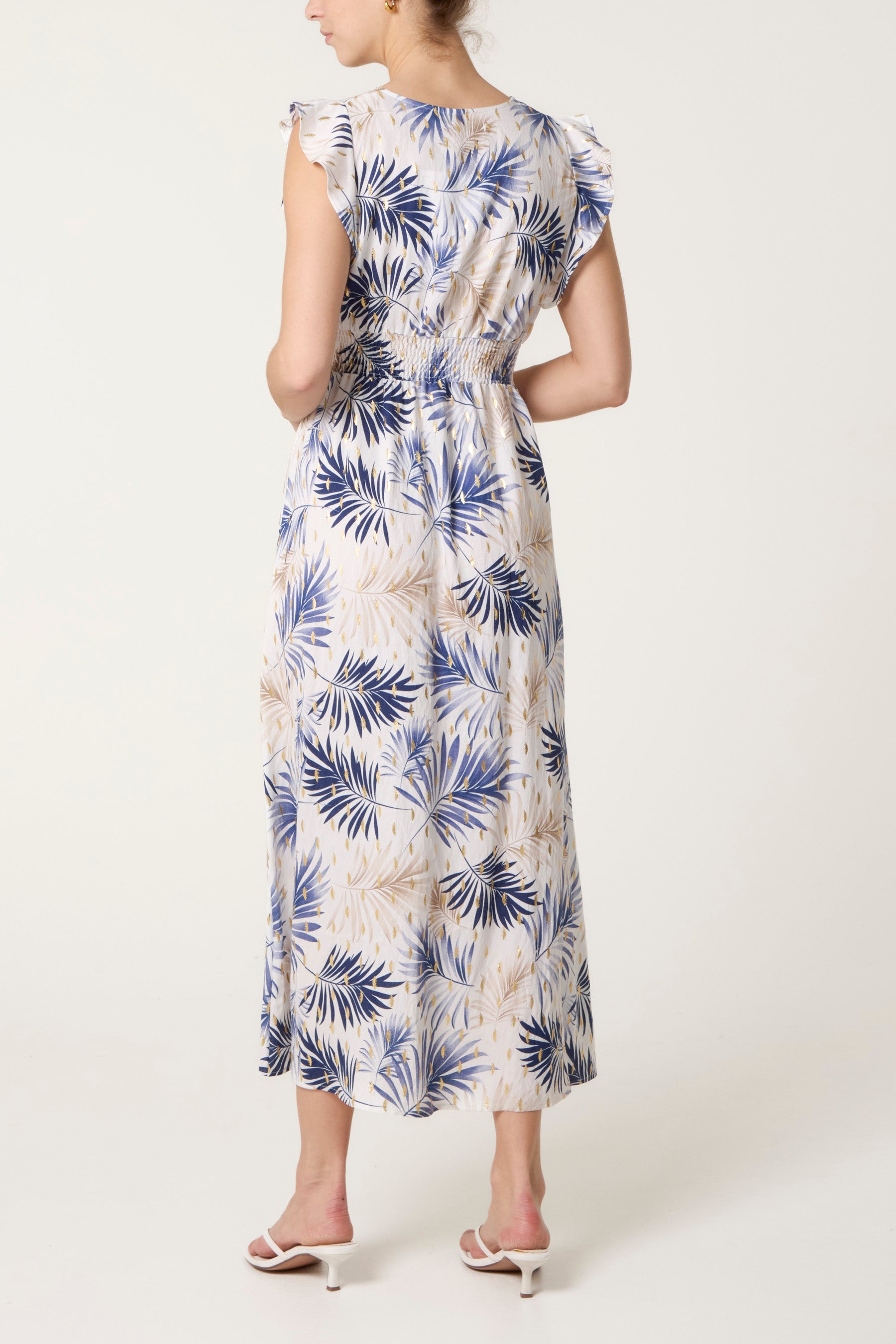 Metallic Detail Shirred Leaf Dress