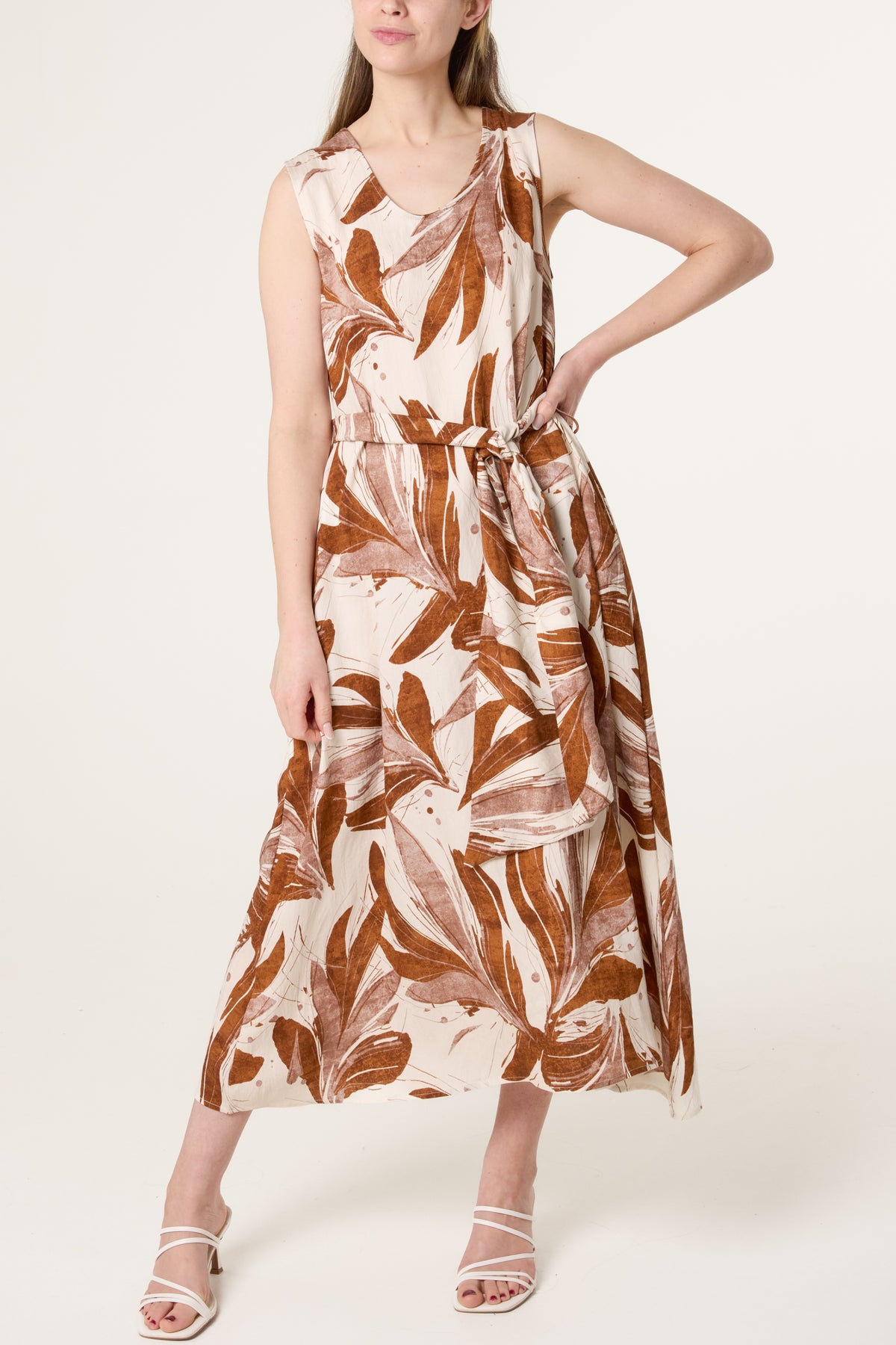 Abstract Leaf Tie Front Midi Dress