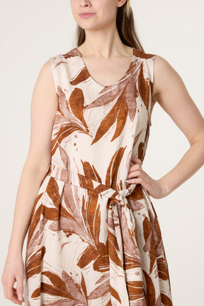 Abstract Leaf Tie Front Midi Dress